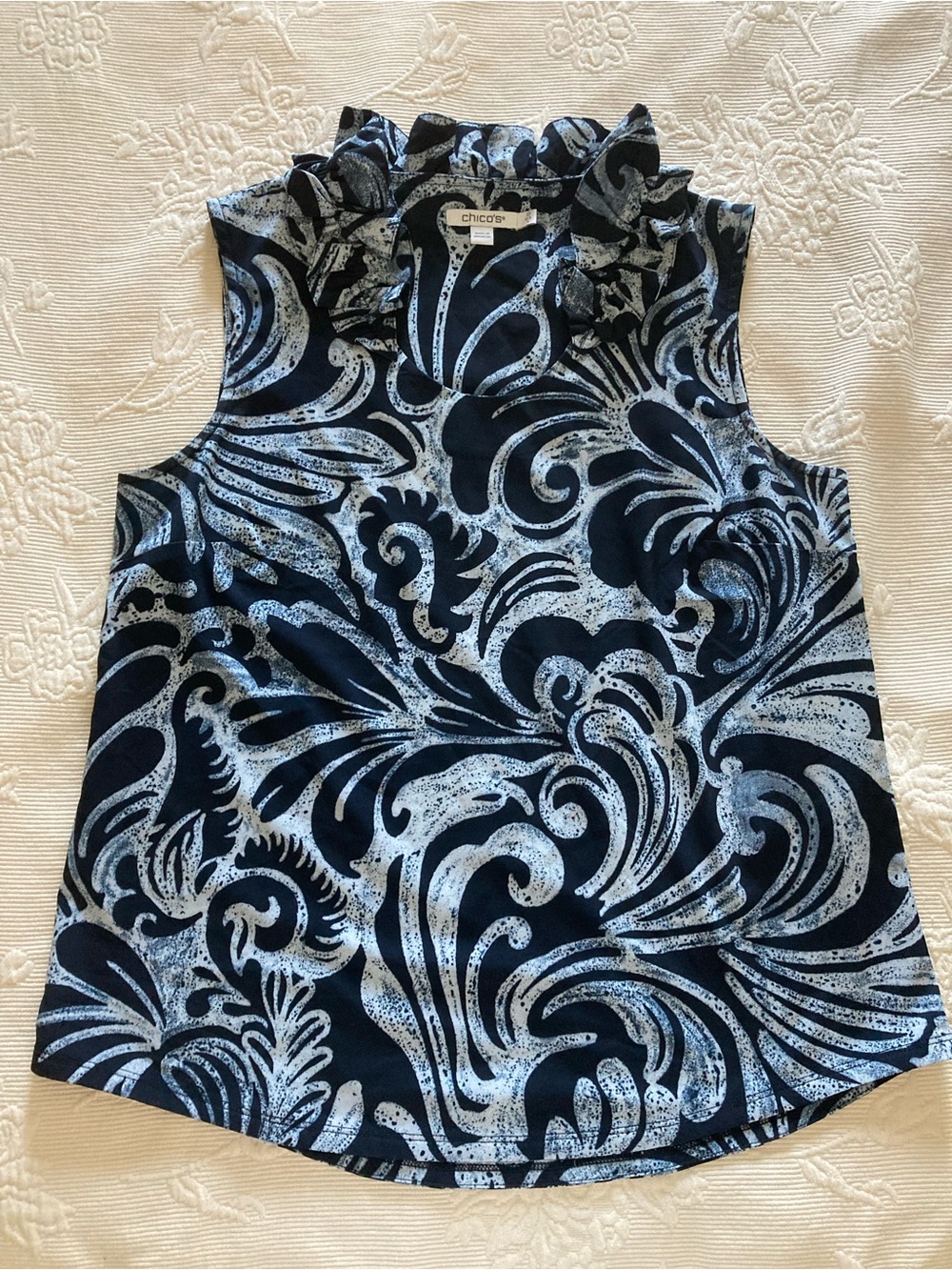 Chico's Navy and Light Blue Ruffle-Neck Sleeveless Camisole
